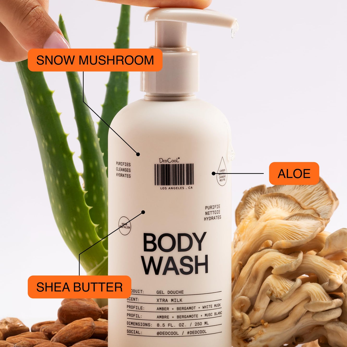 DedCool Body Wash Xtra Milk – Moisturizing Vegan Cleanser with Shea Butter, Aloe & Snow Mushroom | Bergamot, White Musk & Amber Scent | 8.5 fl oz