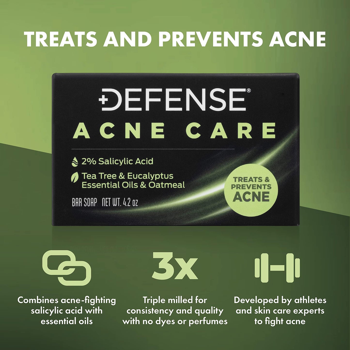 Defense Acne Care Bar Soap – 4.2oz (Pack of 2) | 2% Salicylic Acid, Tea Tree & Eucalyptus, Oatmeal