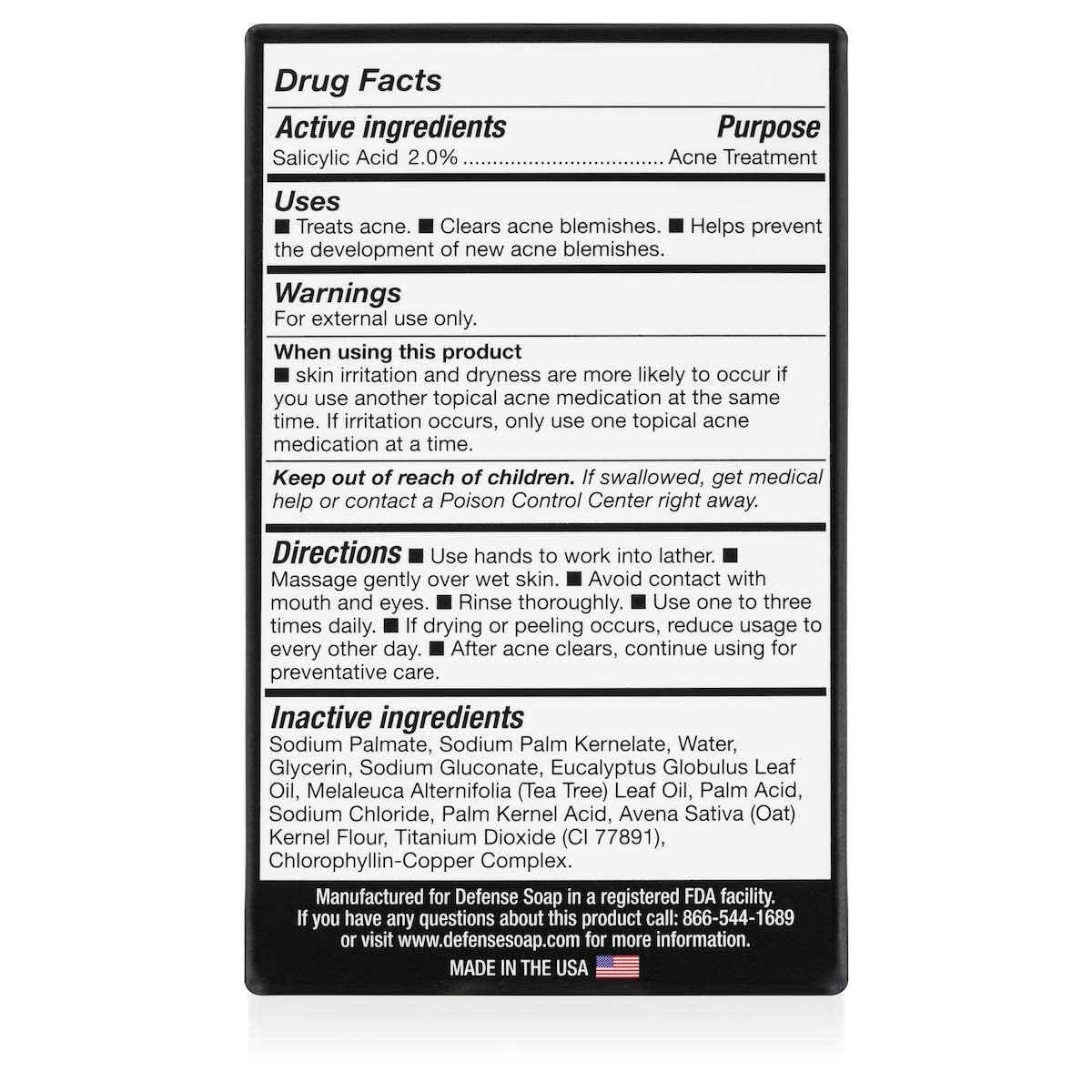 Defense Acne Care Bar Soap – 4.2oz (Pack of 2) | 2% Salicylic Acid, Tea Tree & Eucalyptus, Oatmeal