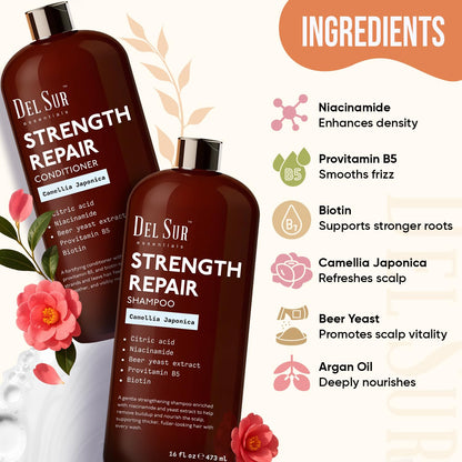 DEL SUR Hair Strengthening Shampoo & Conditioner Set | Camellia Japonica, Niacinamide, Provitamin B5 & Biotin – 16 fl oz Each