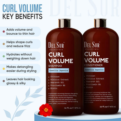 DEL SUR Curly Hair Shampoo & Conditioner Set — 16 oz Each | Camellia Japonica, Hibiscus & Amaranth Oil for Curl Definition, Volume & Hydration