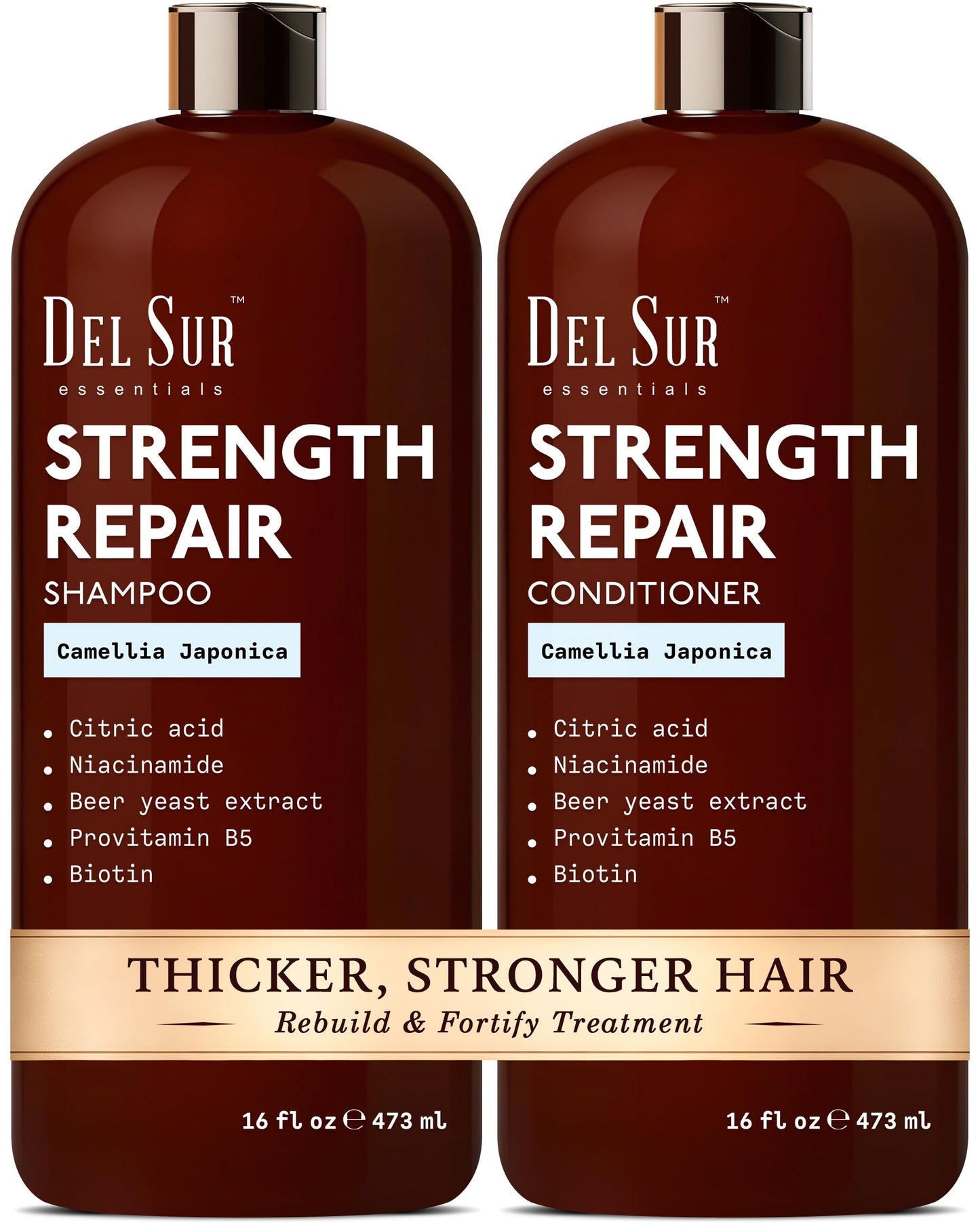 DEL SUR Hair Strengthening Shampoo & Conditioner Set | Camellia Japonica, Niacinamide, Provitamin B5 & Biotin – 16 fl oz Each
