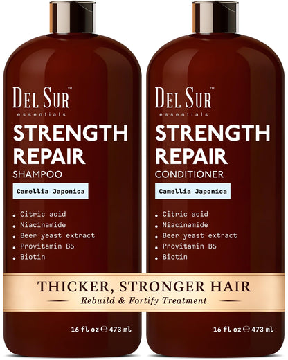DEL SUR Hair Strengthening Shampoo & Conditioner Set | Camellia Japonica, Niacinamide, Provitamin B5 & Biotin – 16 fl oz Each