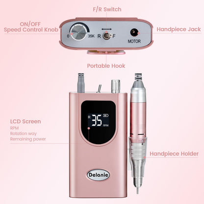Delanie Electric Nail Drill – 35000 RPM Portable E-File for Nail Tech, Rose Gold