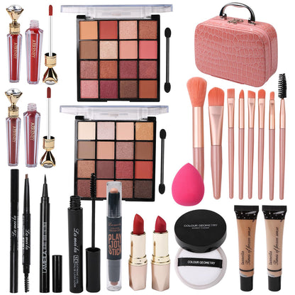 Delymol All-in-One Teen Makeup Kit – Pink, 2x16 Eyeshadows, Foundation, Liner, Contour, Lip Gloss & 8 Brushes