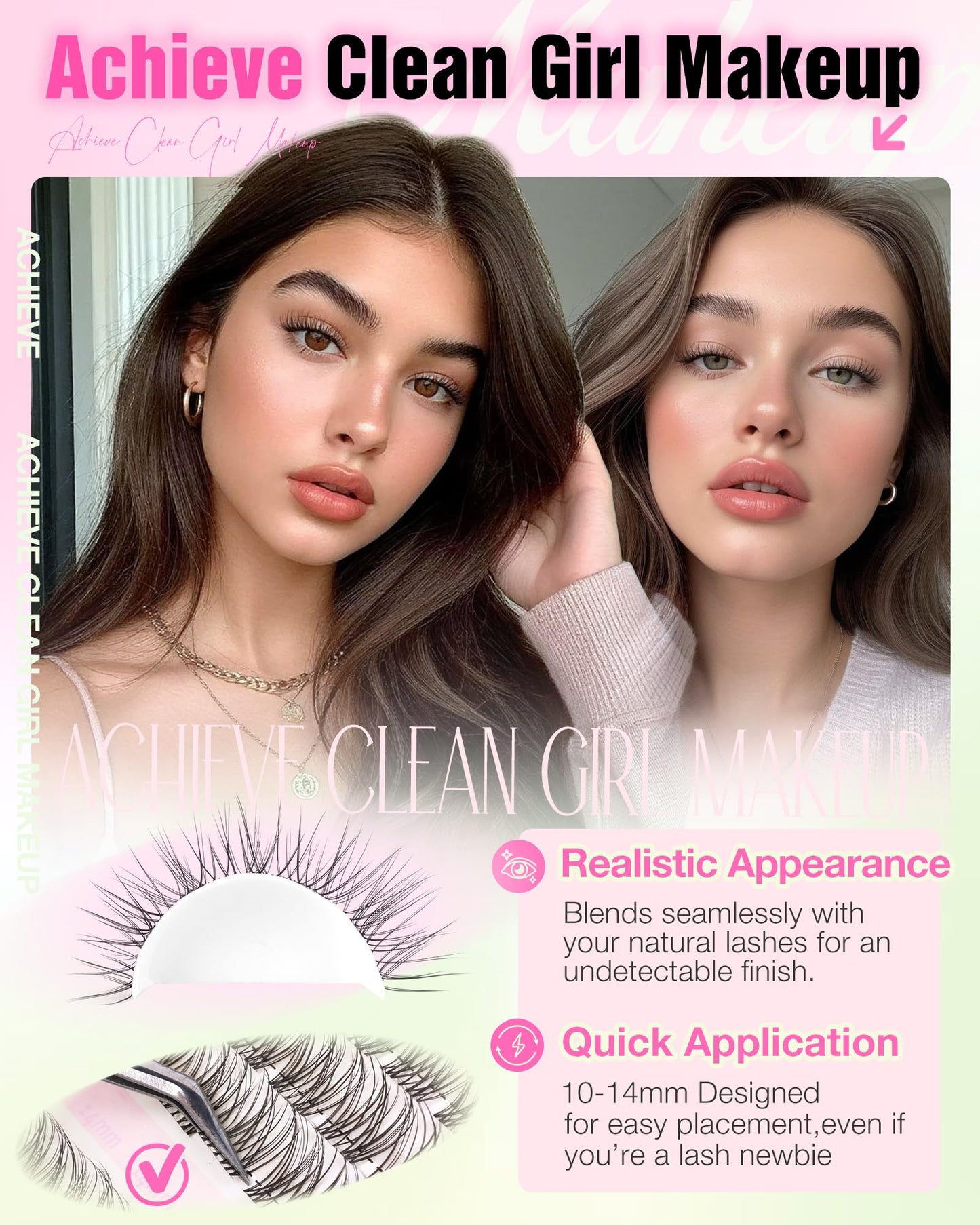 Delyneph Natural Lash Clusters – 10-14mm C Curl Clear Band Wispy Eyelash Extensions