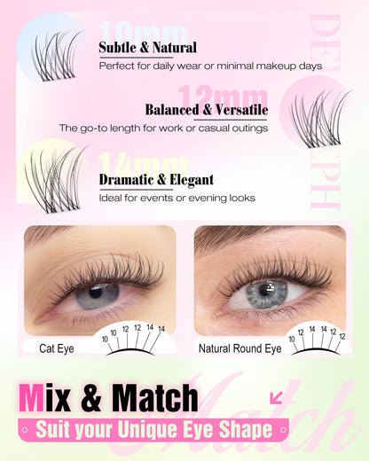 Delyneph Natural Lash Clusters – 10-14mm C Curl Clear Band Wispy Eyelash Extensions