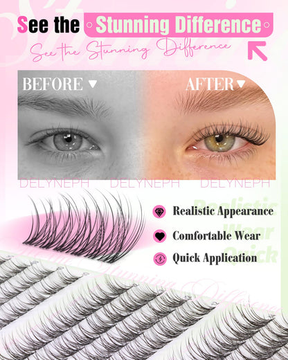 Delyneph Natural Lash Clusters – 10-14mm C Curl Clear Band Wispy Eyelash Extensions