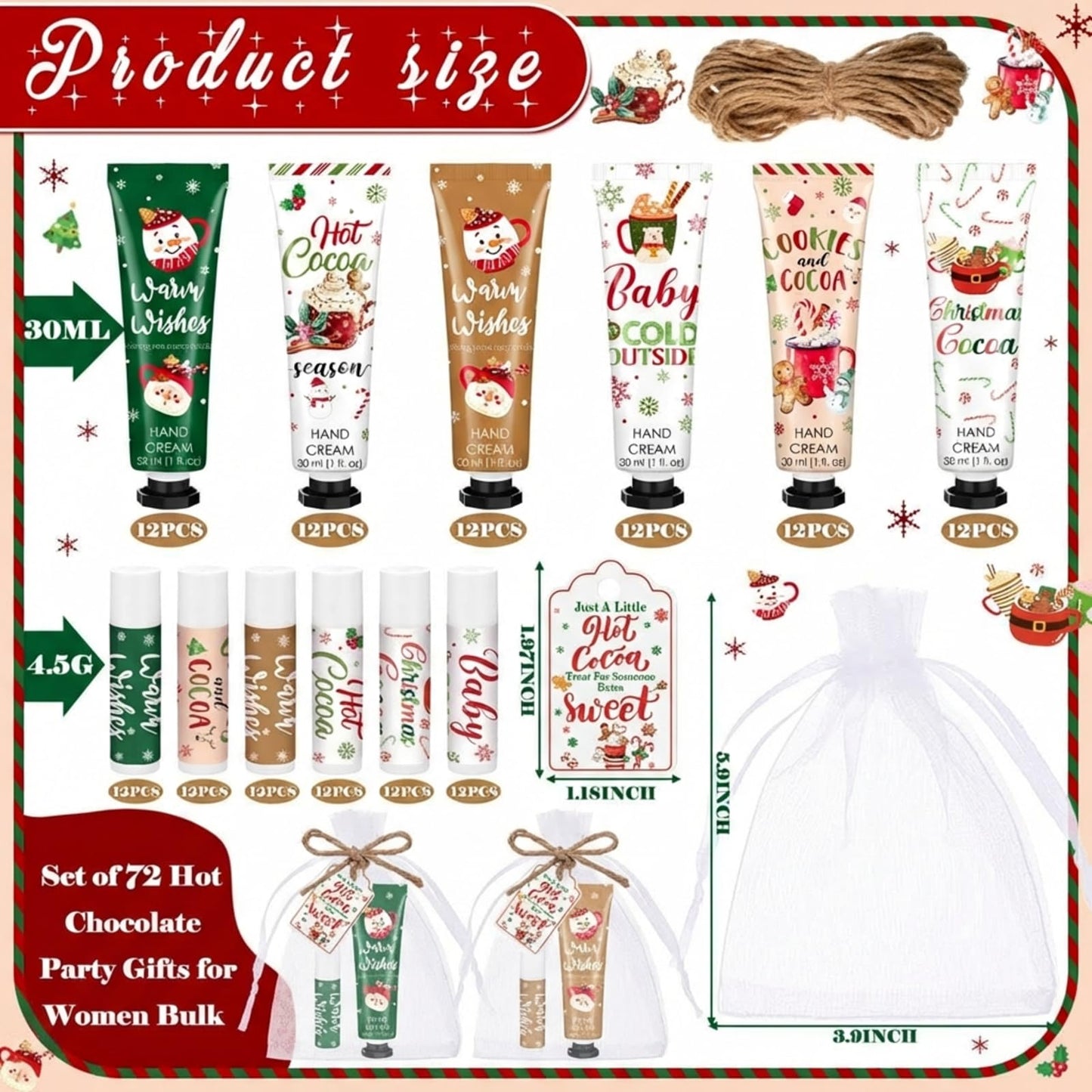 Demissle Christmas Hot Cocoa Hand Cream & Lip Balm Gift Set – 72 Pcs Party Favors