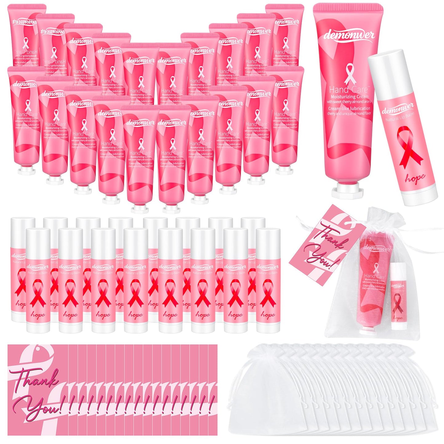 Demonwer 20-Set Breast Cancer Awareness Favors – Pink Ribbon Hand Cream & Lip Balm