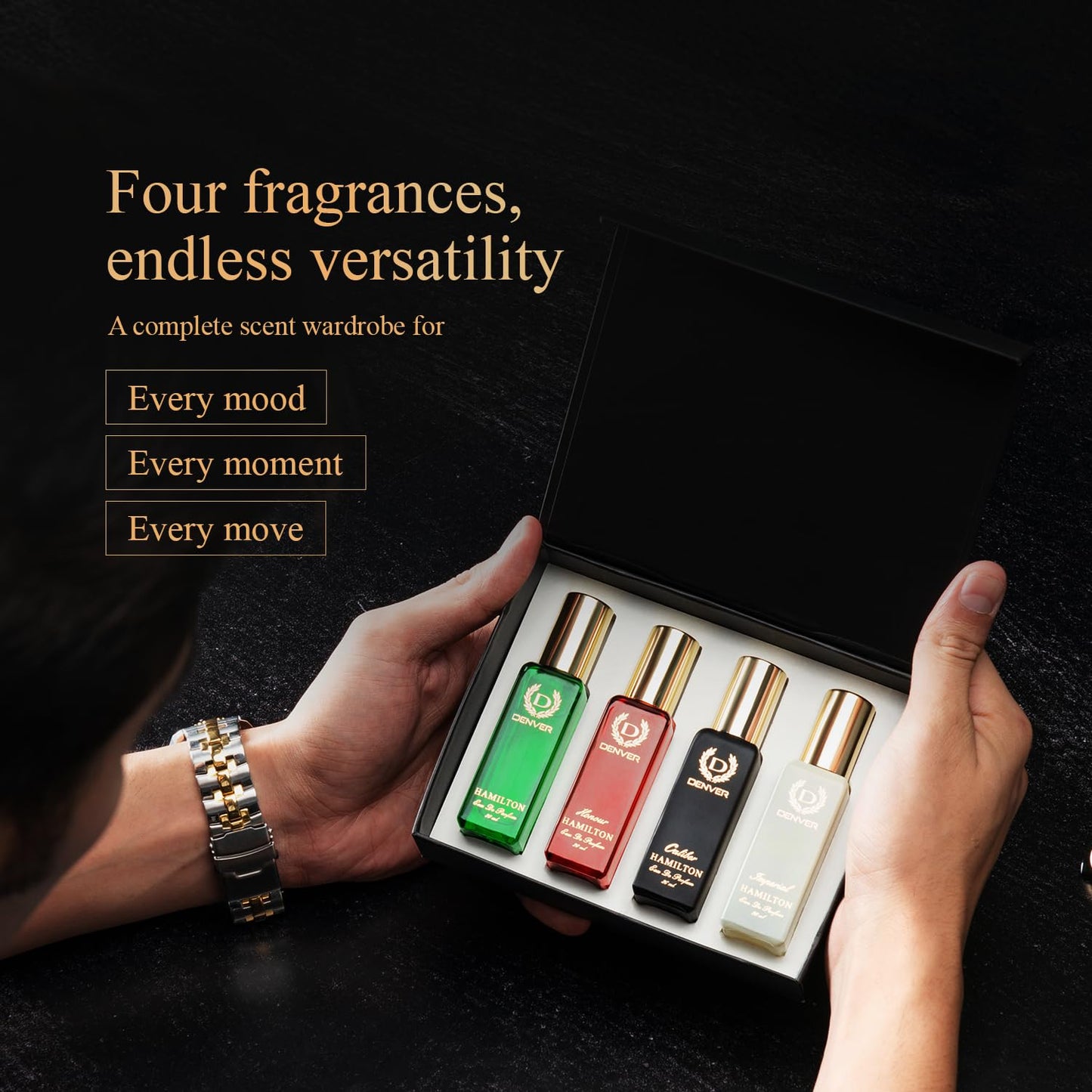 Denver Premium Gift Set for Men — 4x20ml Eau de Parfum Collection (Hamilton, Caliber, Imperial, Honour) | Long-Lasting Fragrance