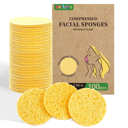 Derloyo 100-Count Compressed Facial Sponges – Natural Biodegradable Cleansing (Yellow)