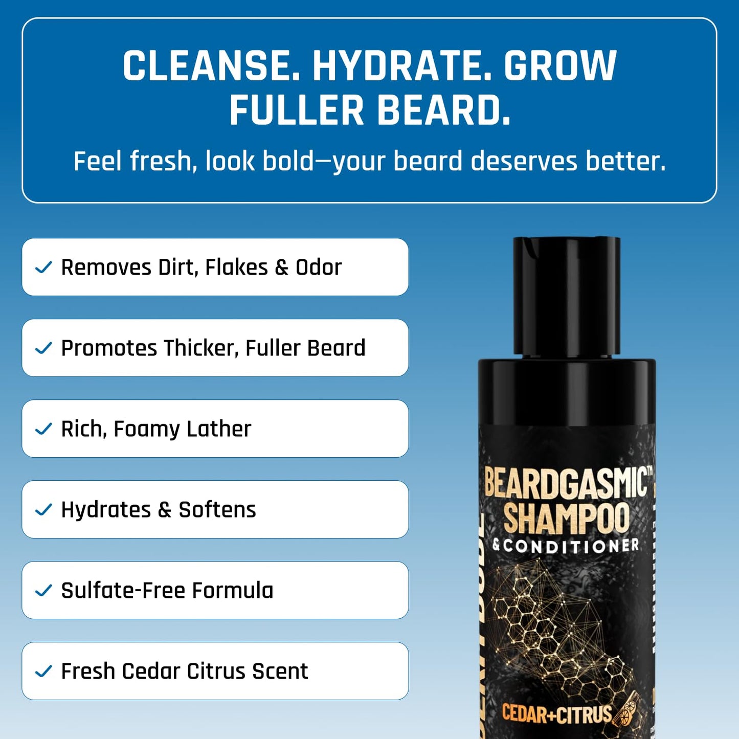 Derm Dude BeardGasmic 2-in-1 Beard Shampoo & Conditioner – Sulfate-Free, Aloe Vera & Vitamin E, Cedar & Citrus, 4oz