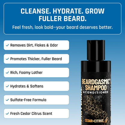 Derm Dude BeardGasmic 2-in-1 Beard Shampoo & Conditioner – Sulfate-Free, Aloe Vera & Vitamin E, Cedar & Citrus, 4oz