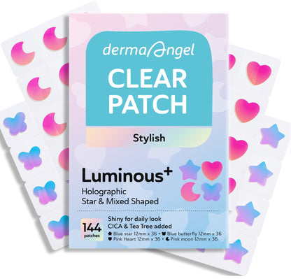 DERMA ANGEL Star Pimple Patches – 144 Absorbent Acne Patches with Salicylic Acid, CICA & Tea Tree (4 Designs)