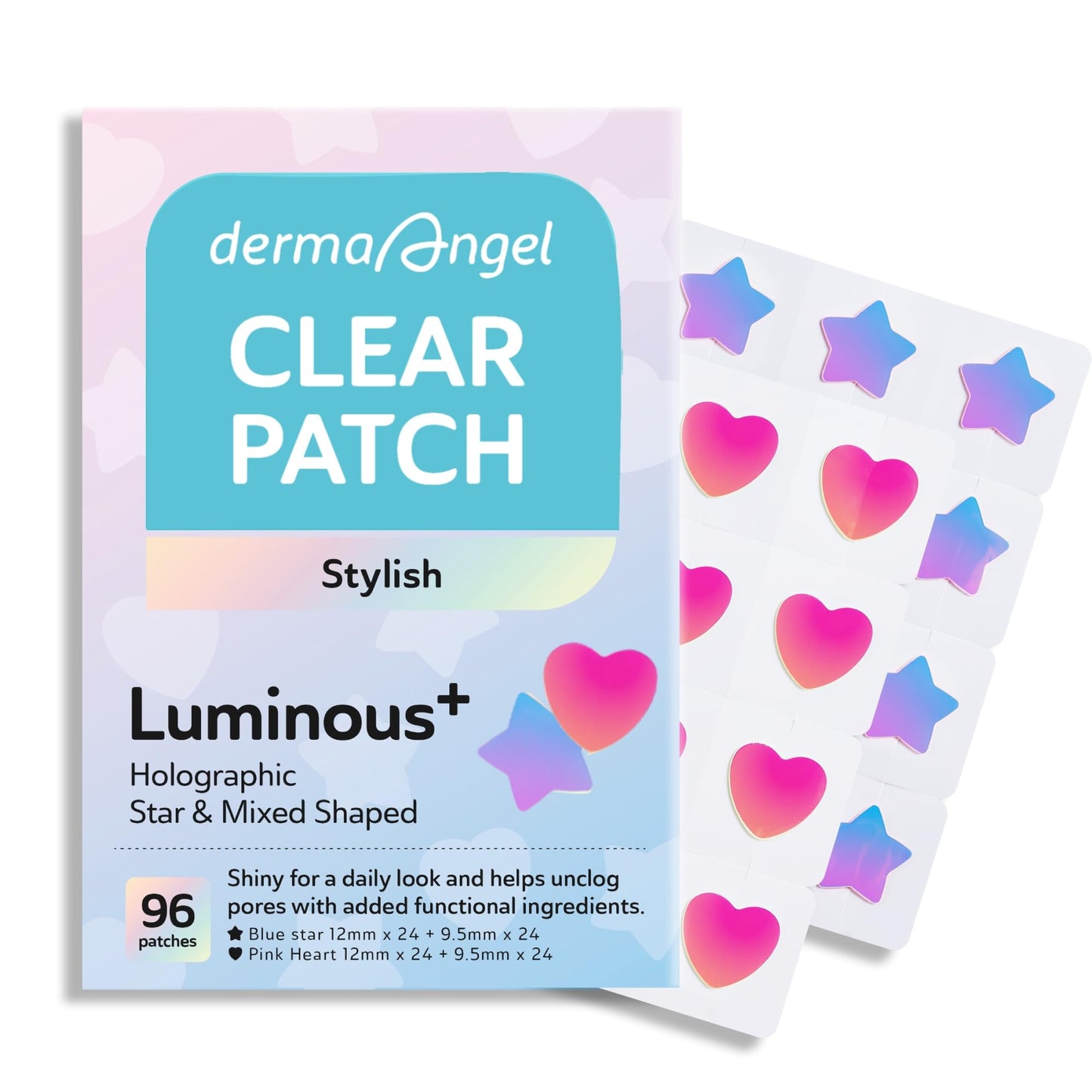 DERMA ANGEL Star & Heart Pimple Patches – 96 Patches, 7X Absorbency, CICA & Tea Tree
