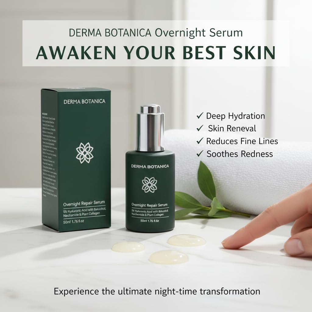Derma Botanica Overnight Repair Serum — Multi-Molecular Hyaluronic Acid, Bakuchiol & Niacinamide | 1.76 fl oz