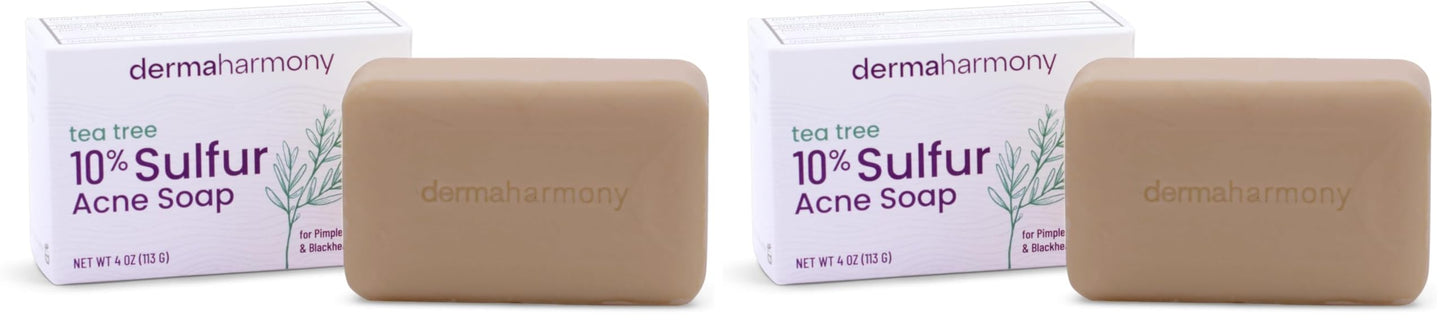 Dermaharmony 10% Sulfur Acne Bar Soap with Tea Tree Oil – Pack of 2 (4 oz each) | Natural, Cruelty-Free Skincare