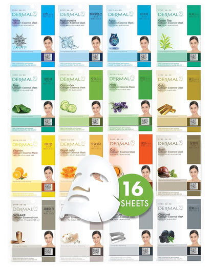 DERMAL Collagen Essence Sheet Mask 16-Combo Pack – 16 Daily Masks for Glow (Aloe, Snail, Vitamin) – K-Beauty