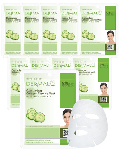 DERMAL Cucumber Collagen Essence Facial Mask Sheet 23g Pack of 10 – Soothing & Moisturizing