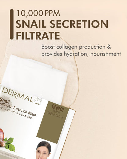 DERMAL Snail Collagen Essence Facial Mask Sheet Pack of 10 – Hydration, Glow & Acne-Prone Skin Care
