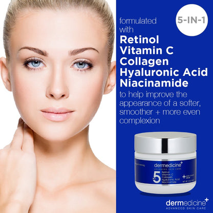 Dermedicine 5-in-1 Retinol, Vitamin C, Collagen, Hyaluronic Acid & Niacinamide Cream | Smooth Fine Lines & Brighten Dark Spots | 2 oz