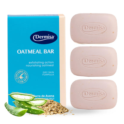 Dermisa Exfoliating Oatmeal Bar – Gentle Cleanse & Exfoliation for Dry Skin | Oatmeal + Aloe Vera | No Parabens, No Sulfates | 3 oz Pack of 3