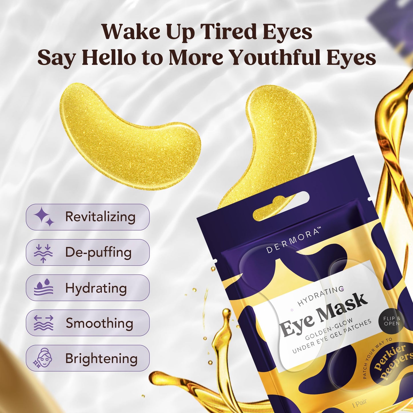 DERMORA Golden Glow Under Eye Patches – 15 Pairs | Refreshing, Rejuvenating Eye Gels