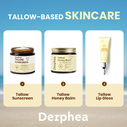 DERPHEA Organic Beef Tallow Lip Balm – 8H Hydration, Glossy Shine, Overnight Lip Mask (2 Tubes)