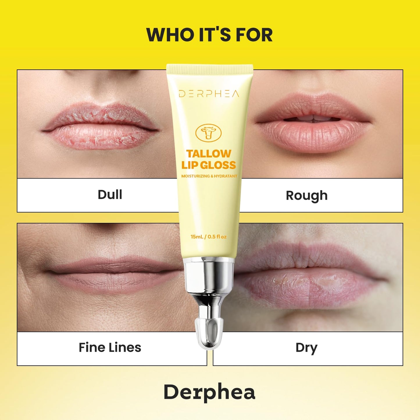 DERPHEA Organic Beef Tallow Lip Balm – 8H Hydration, Glossy Shine, Overnight Lip Mask (2 Tubes)