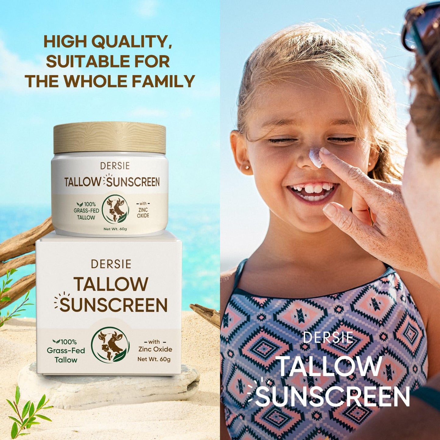 Dersie Beef Tallow Sunscreen with Zinc Oxide – Non-Greasy, Water-Resistant Sun Balm