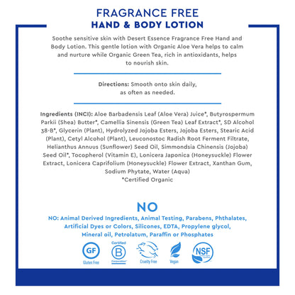 Desert Essence Fragrance Free Hand & Body Lotion – 8 oz | Aloe Vera, Shea Butter, Green Tea, Coconut Oil, Jojoba Oil