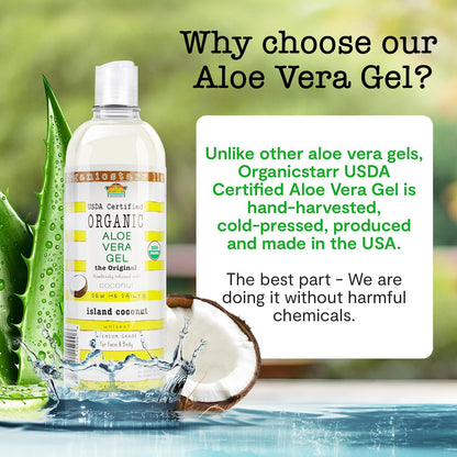 DEW ME DAILY USDA Organic Aloe Vera Gel 12 oz – 100% Pure, Cold-Pressed, Hand Harvested, Coconut Infusion – Chemical-Free, Made in USA