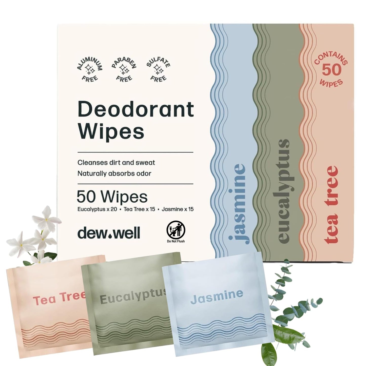 Dew Well Refreshing Deodorant Wipes – Aluminum-Free On-The-Go Freshness (Tea Tree, Eucalyptus, Jasmine) | 50 Wipes