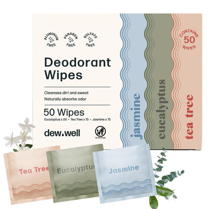 Dew Well Refreshing Deodorant Wipes – Aluminum-Free On-The-Go Freshness (Tea Tree, Eucalyptus, Jasmine) | 50 Wipes