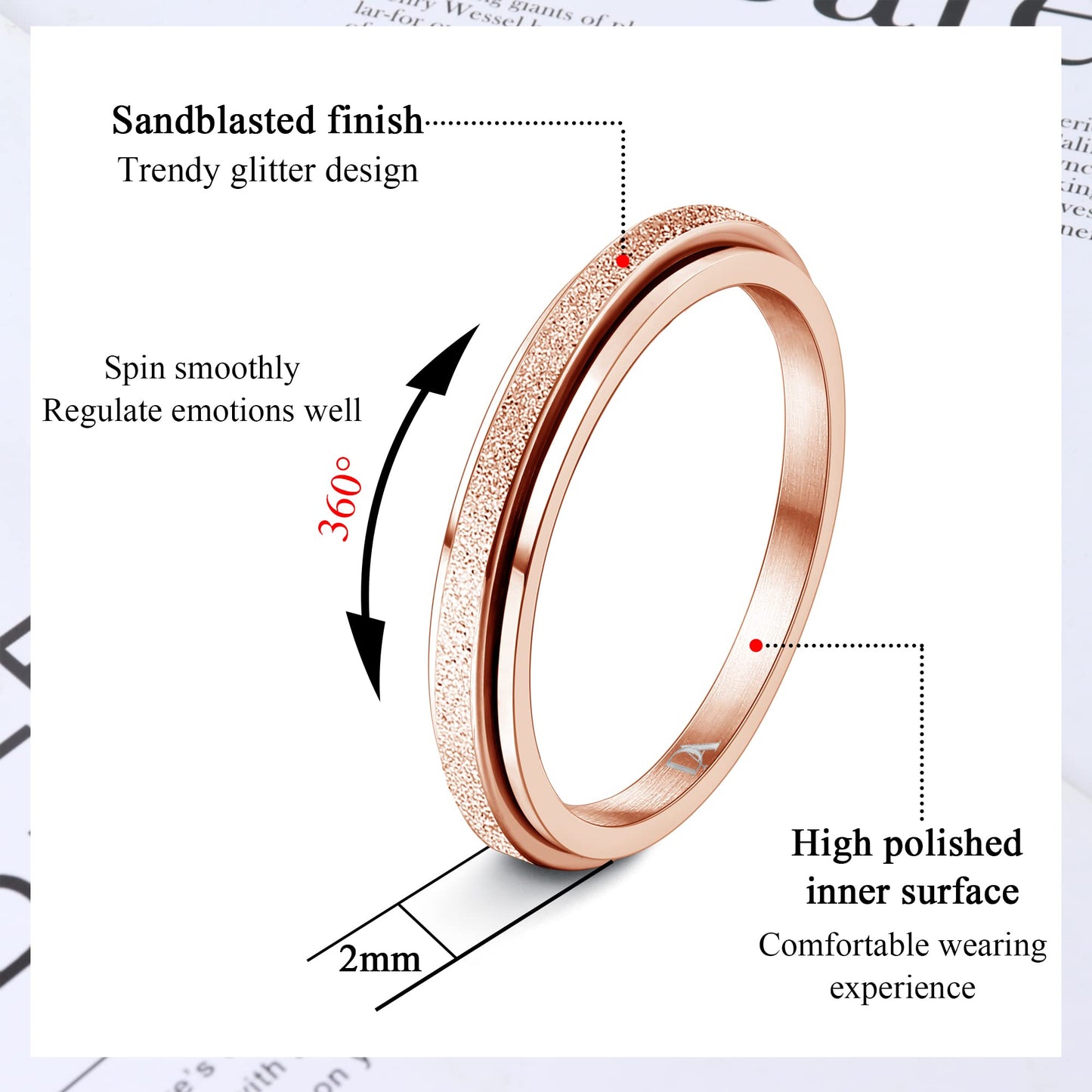 Diamday Rose Gold Fidget Ring – 2mm Spinner Ring for Anxiety, Stress Relief, Gift for Women & Men
