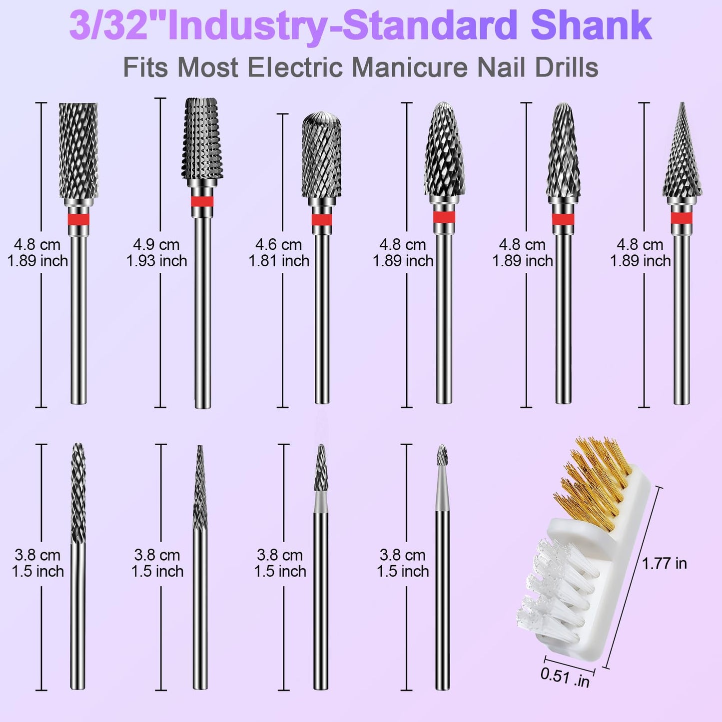 Diesisa 10-Piece Tungsten Carbide Nail Drill Bits Set – 3/32 Inch Shank for Acrylic and Natural Nails