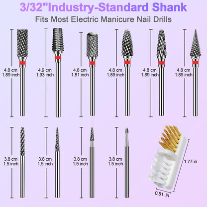 Diesisa 10-Piece Tungsten Carbide Nail Drill Bits Set – 3/32 Inch Shank for Acrylic and Natural Nails