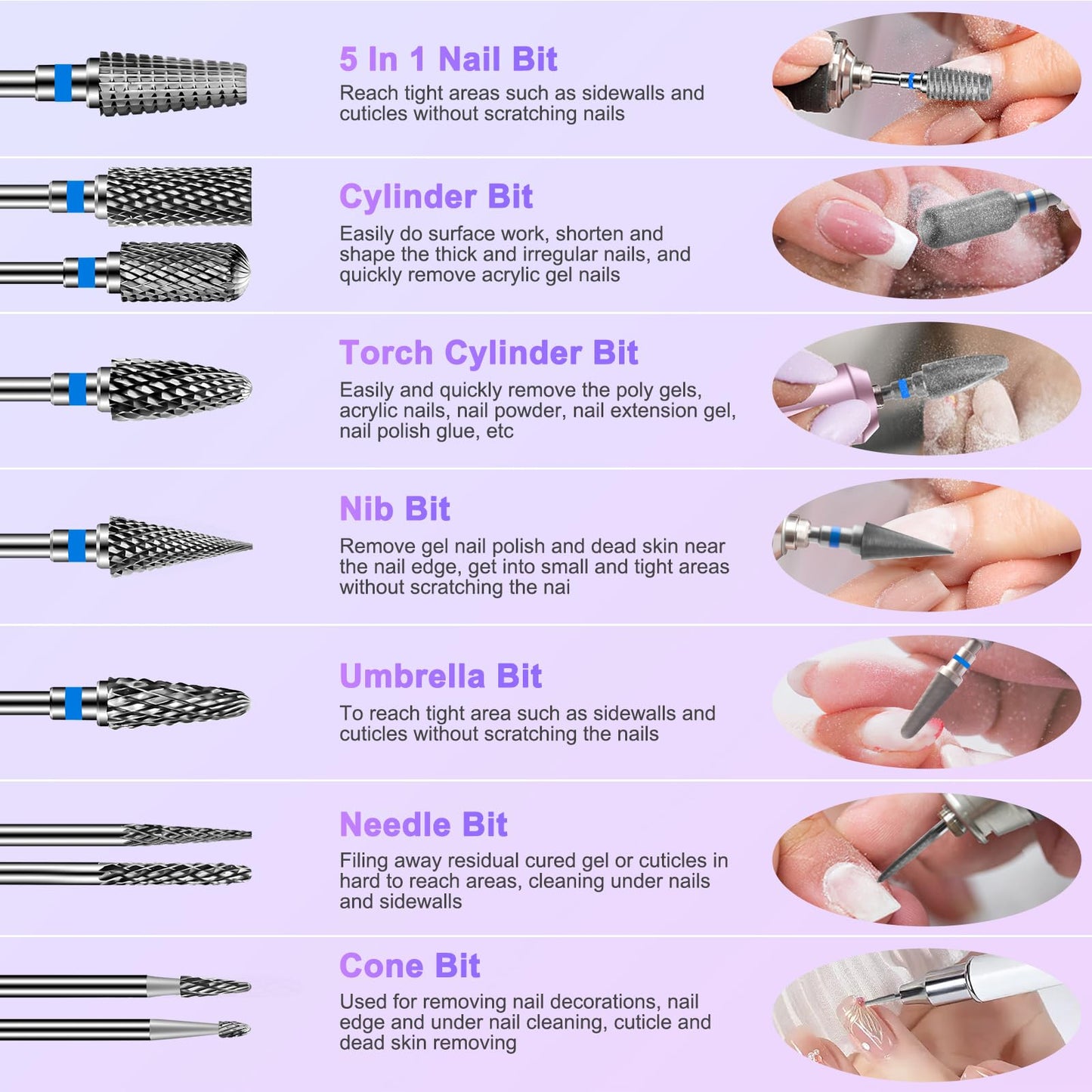 Diesisa 10Pcs Nail Drill Bits Set Tungsten Carbide Cuticle Bits 3-32 Inch Shank