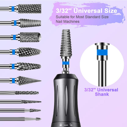 Diesisa 10Pcs Nail Drill Bits Set Tungsten Carbide Cuticle Bits 3-32 Inch Shank