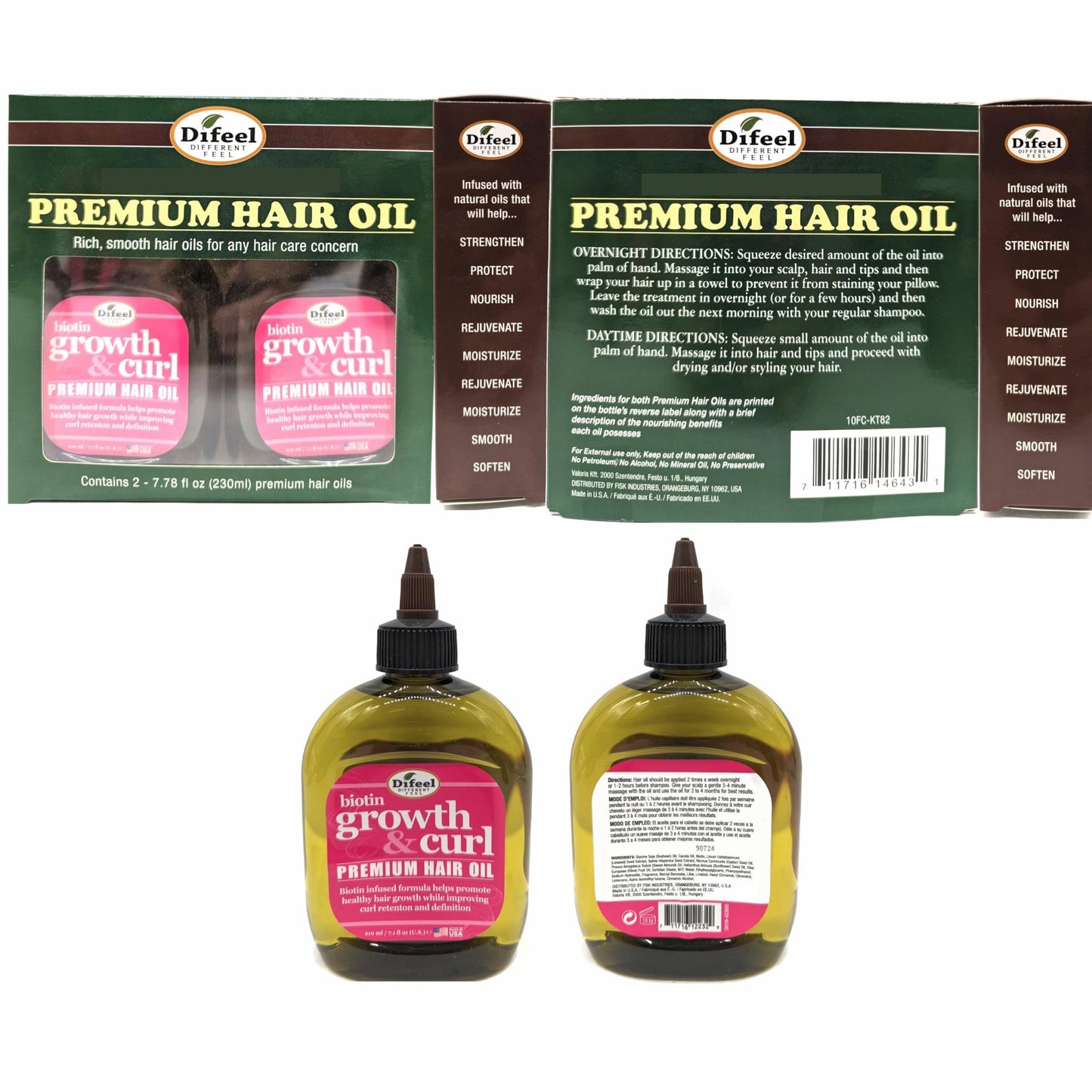 Difeel Biotin Growth & Curl Premium Hair Oil – 7.1 oz Deluxe 2-Pack Gift Set