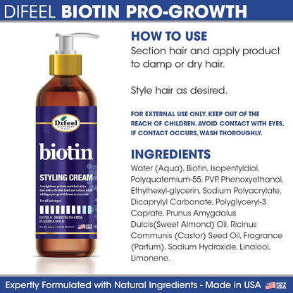 Difeel Biotin Styling Cream 12oz – Level 8 Flexible Hold for All Hair Types
