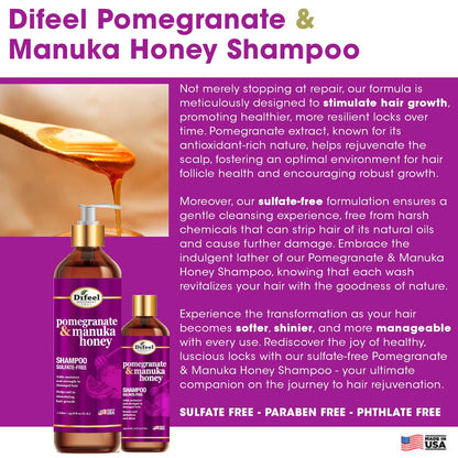 Difeel Pomegranate & Manuka Honey Shampoo 33.8 oz – Sulfate-Free, Strengthens & Moisturizes Damaged Hair