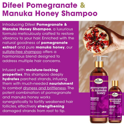 Difeel Pomegranate & Manuka Honey Shampoo 33.8 oz – Sulfate-Free, Strengthens & Moisturizes Damaged Hair
