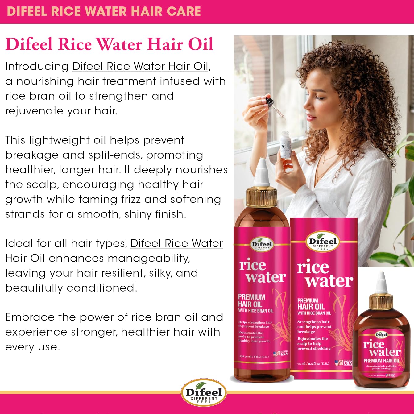 Difeel Rice Water Hair Oil 7.1 oz – Strengthening Moisturizer for Hair