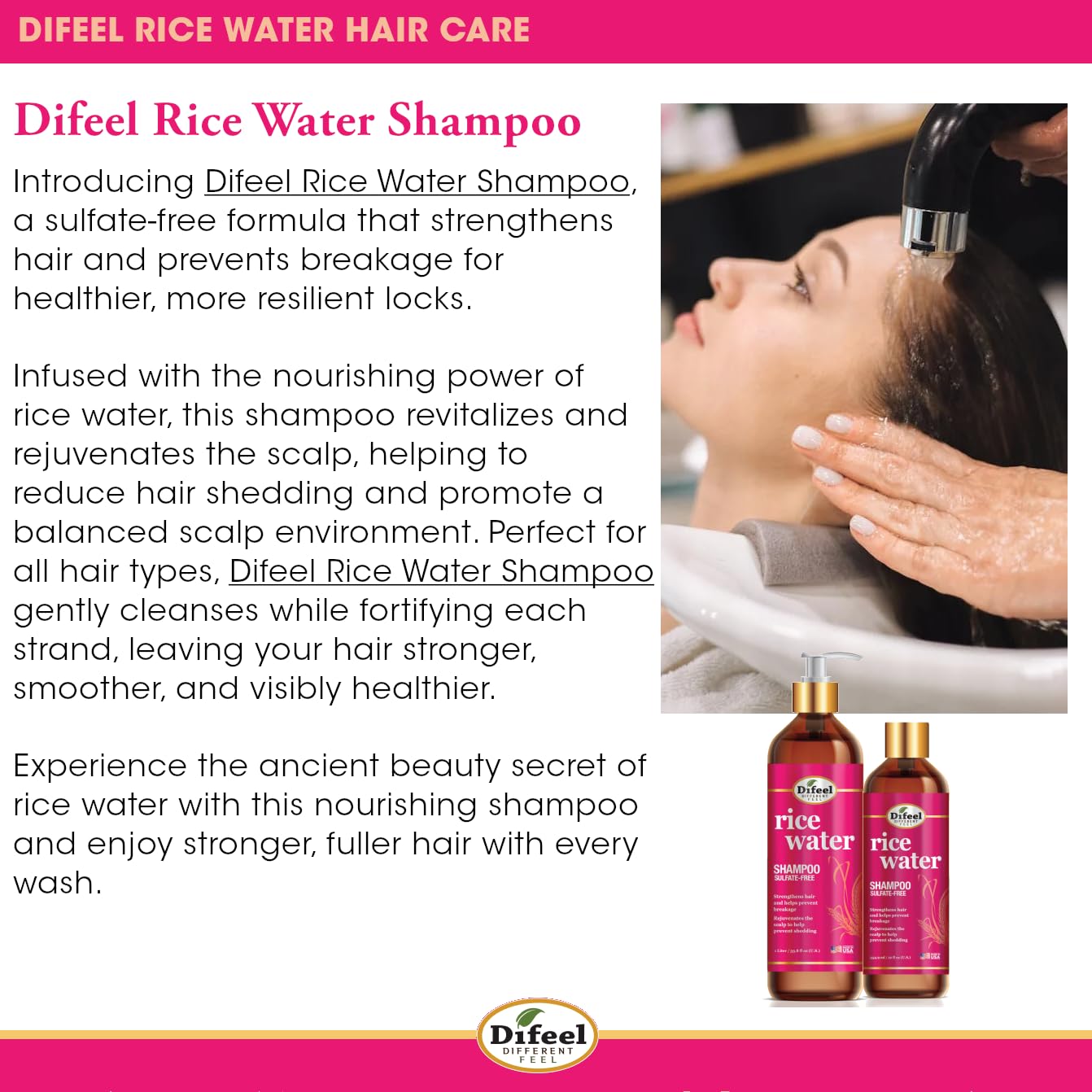 Difeel Rice Water Shampoo 12 oz – Strengthening, Sulfate-Free for All Hair Types