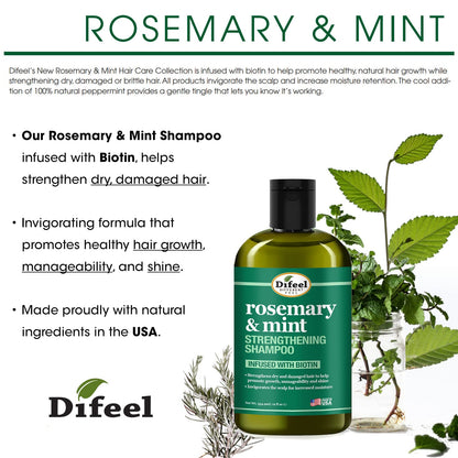 Difeel Rosemary & Mint Hair Strengthening Shampoo & Conditioner Gift Set – 12 oz Each, Sulfate Free