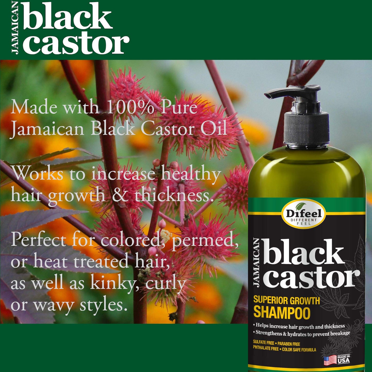 Difeel Superior Growth 4-Piece Jamaican Black Castor Set — Shampoo, Mask, Root Stimulator & Oil (12 oz / 2.5 oz)