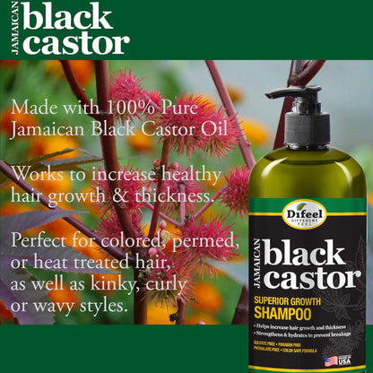 Difeel Superior Growth 4-Piece Jamaican Black Castor Set — Shampoo, Mask, Root Stimulator & Oil (12 oz / 2.5 oz)