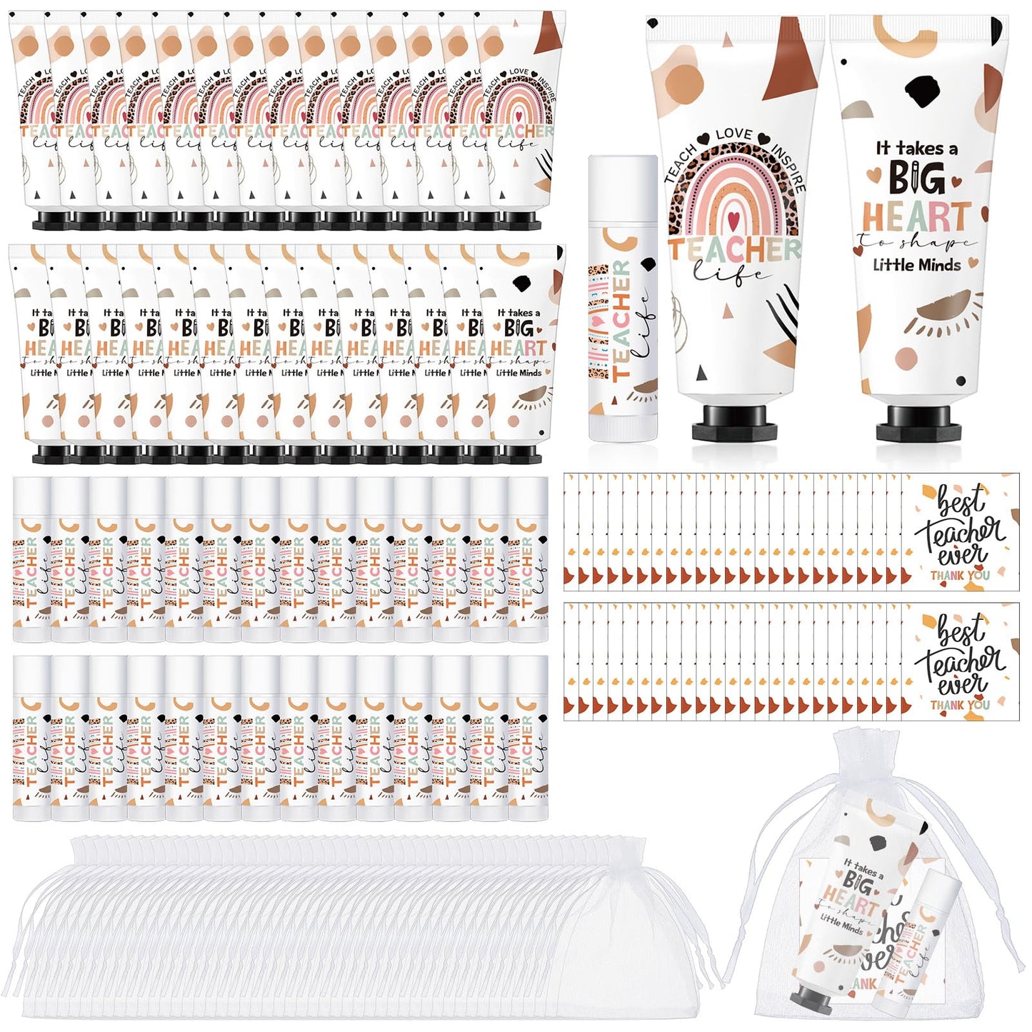 Dimsile 48-Set Christmas Teacher Gifts: Hand Cream, Lip Balm & Organza Bags